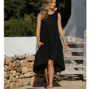 Magic Linen Royal TOSCANA Black Sleeveless Relaxed Dress Lagenlook Minimalist